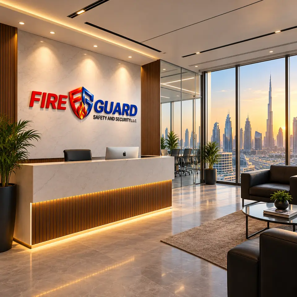 Fire Guard office reception with the company logo and the Dubai skyline