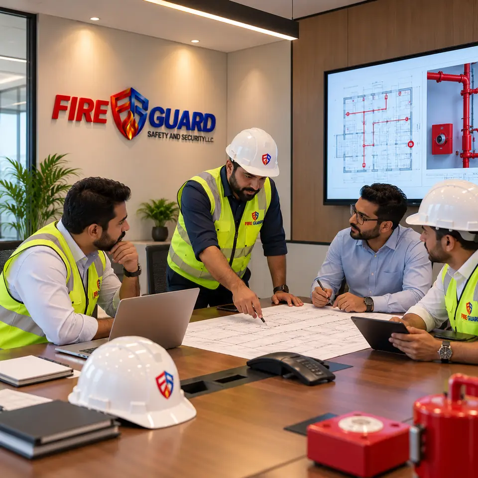 Fire Guard engineers reviewing fire protection drawings in a meeting room