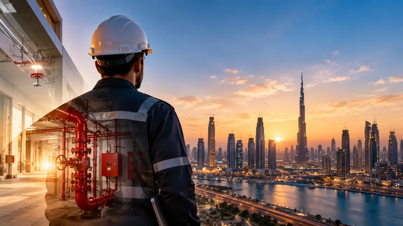 Fire safety engineer in a hard hat overlooking the Dubai skyline at sunset, with fire sprinkler pipework and valves