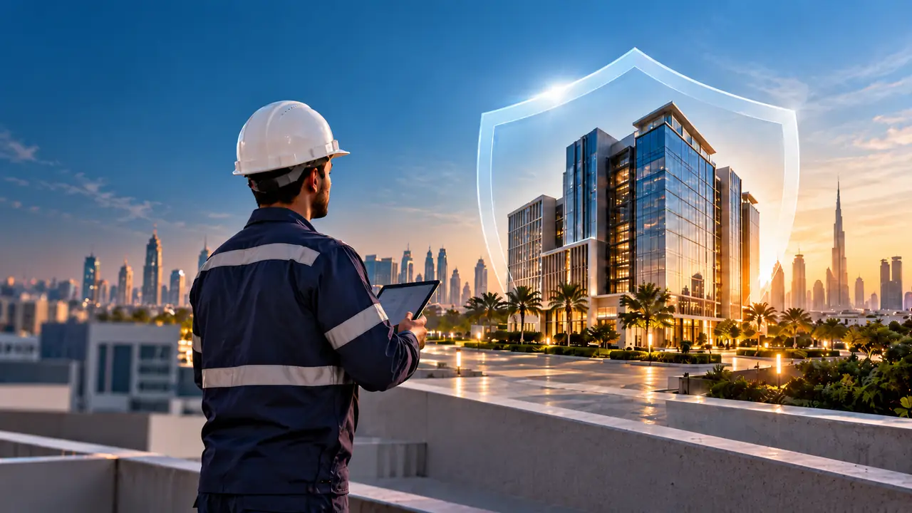 Engineer with a tablet reviewing a commercial building protected by a shield, with the Dubai skyline at sunset